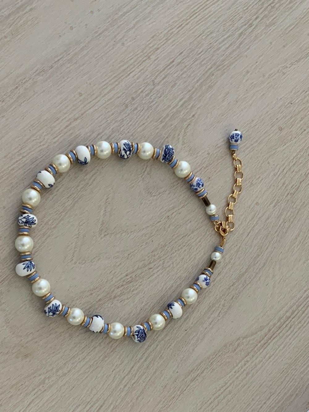 Pearl & Blue Floral Chinoiserie Beaded Necklace with Gold Chain